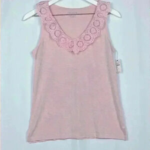 Talbots Womens Tee Light Pink S Sleeveless Eyelet Lace Trim V-Neck Feminine NWT